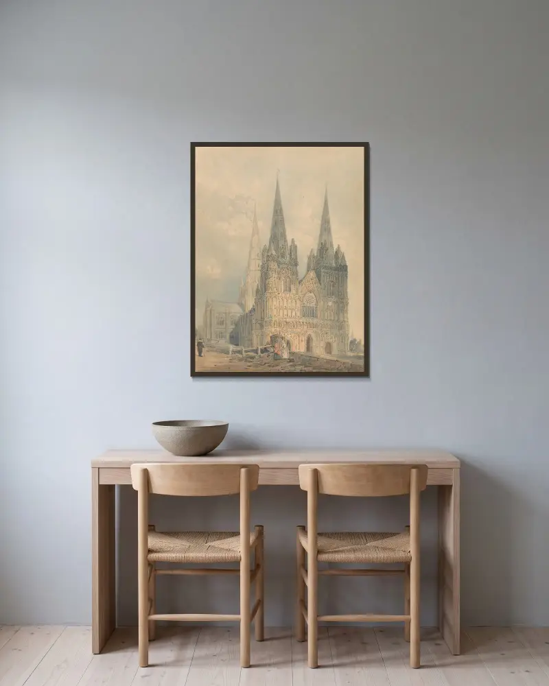 Katedralen i Lichfield, Staffordshire av Thomas Girtin inramad på en vägg