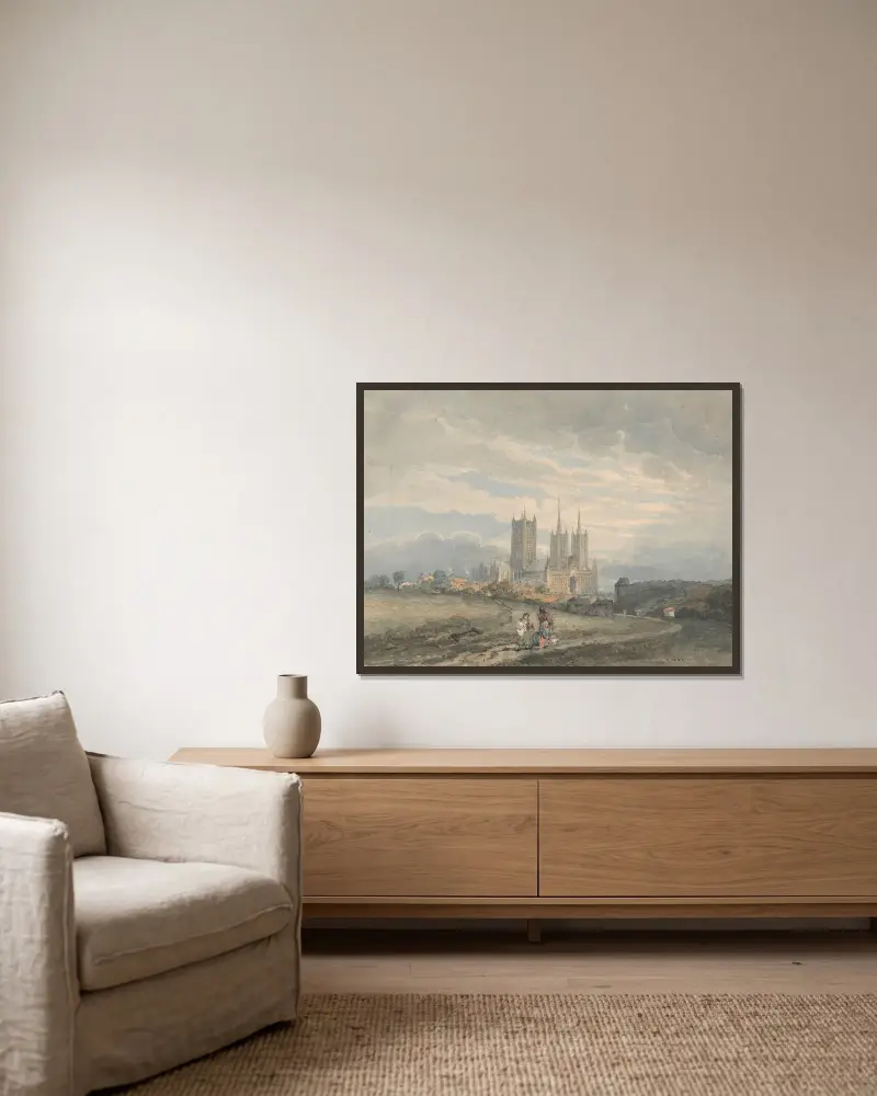 Lincoln Cathedral av Thomas Girtin inramad på en vägg