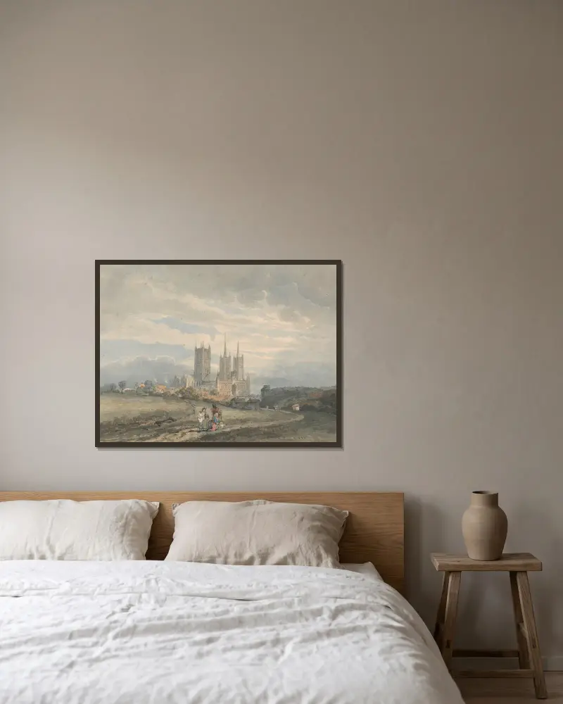 Lincoln Cathedral av Thomas Girtin inramad på en vägg