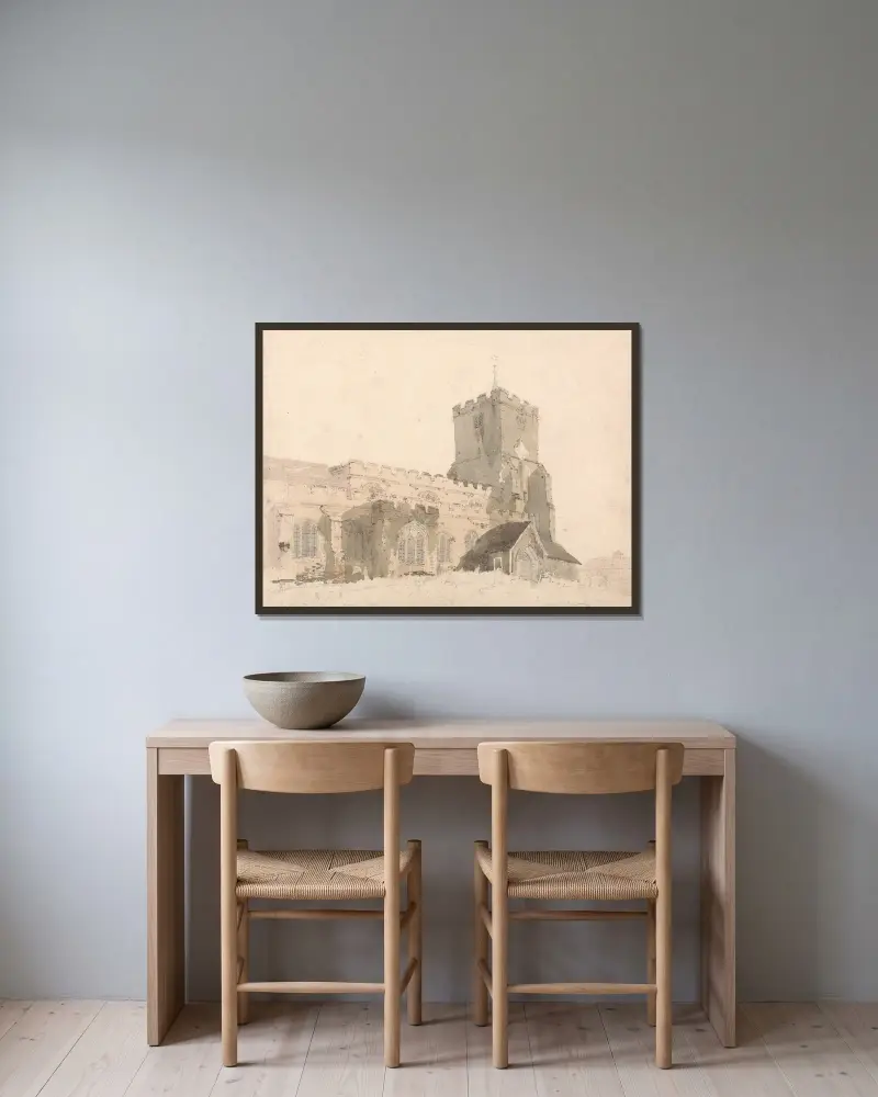 Writtles kyrka, Essex av Thomas Girtin inramad på en vägg