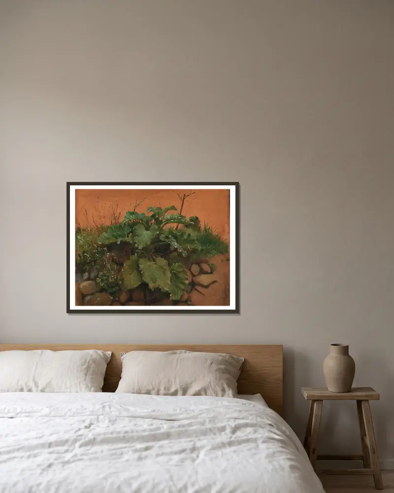 Klette und andere Pflanzen auf einer Steinmauer von Johan Thomas Lundbye gerahmt an einer Wand