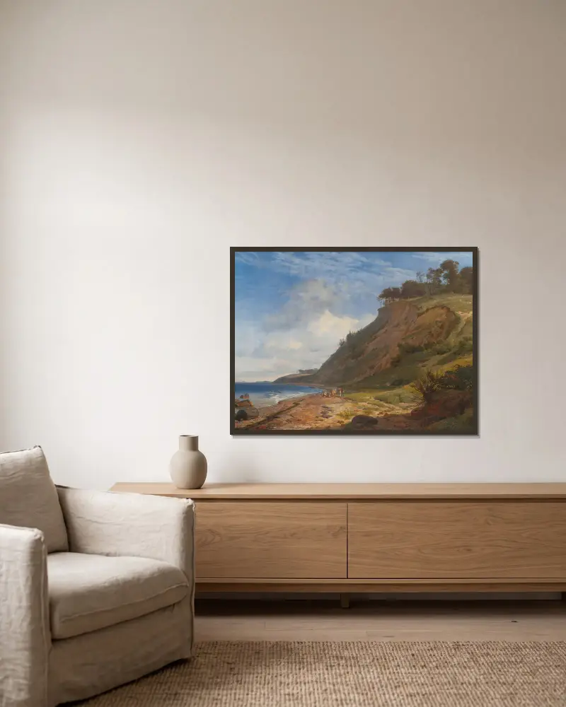 Eine dänische Küste. Blick von Kitnæs auf den Roskilde-Fjord. Seeland von Johan Thomas Lundbye gerahmt an einer Wand