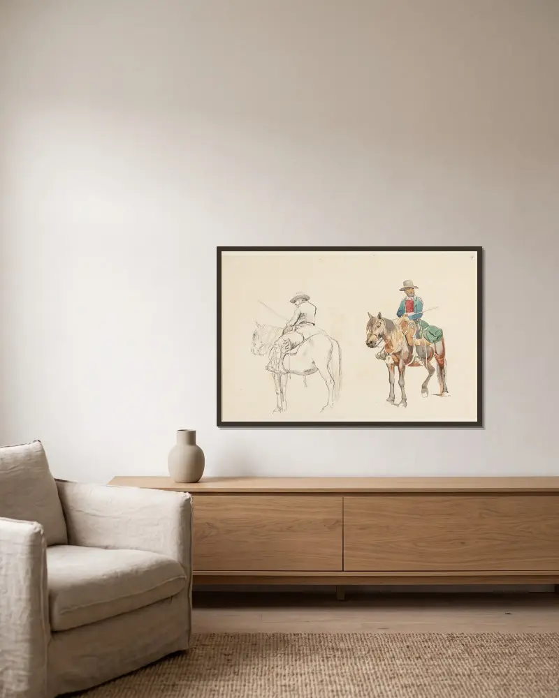 Campagnol til hest, set skråt bagfra / Campagnol til hest, set skråt forfra von Johan Thomas Lundbye gerahmt an einer Wand
