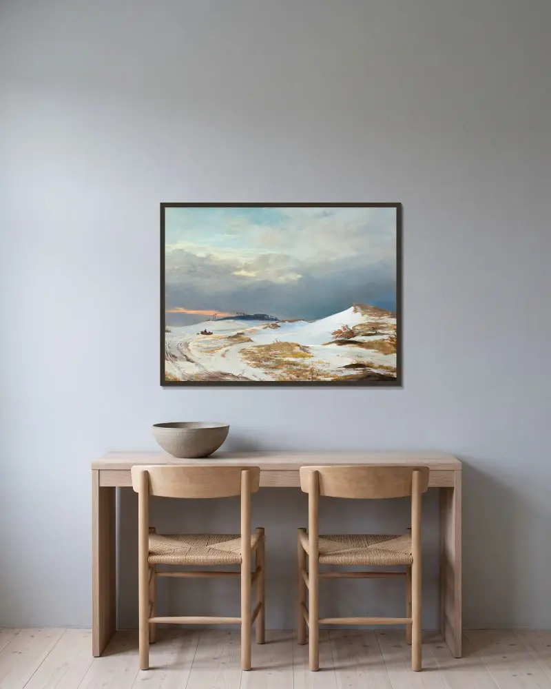 Vinterlandskap med nordskjälländskt motiv av Johan Thomas Lundbye inramad på en vägg