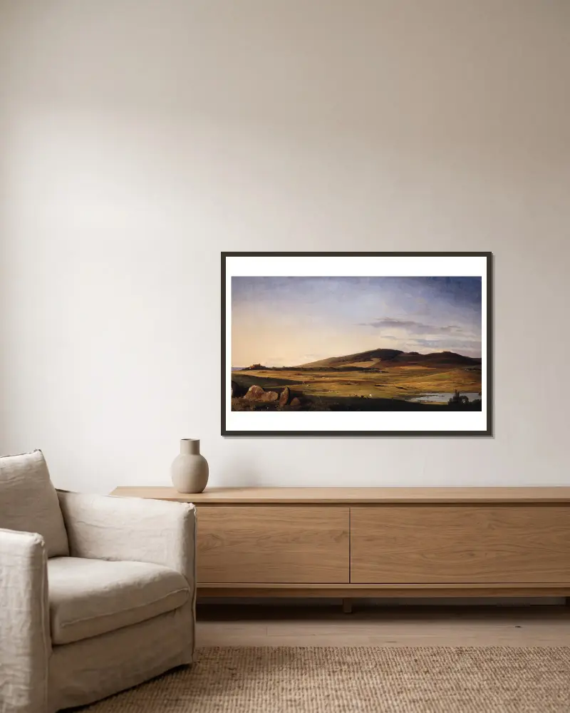 Seeländische Landschaft. Blick von Bjerresø Mark auf Vejrhøj und Schloss Dragsholm von Johan Thomas Lundbye gerahmt an einer Wand