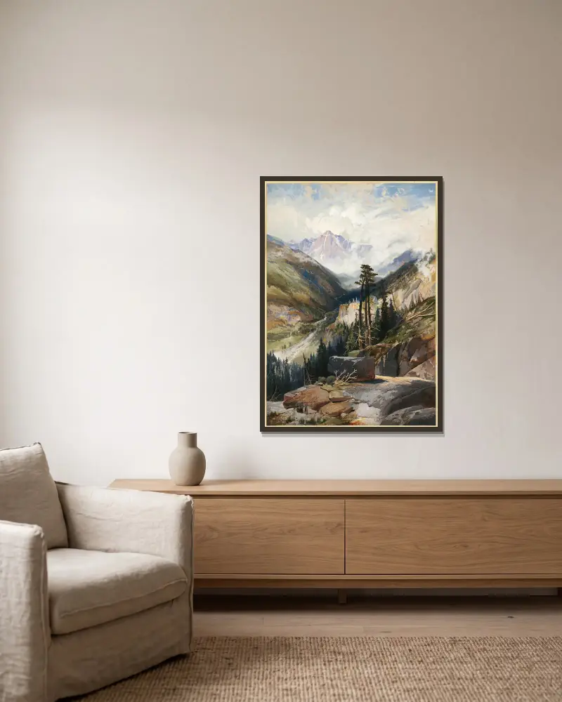 Det heliga korsets berg, Colorado av Thomas Moran inramad på en vägg