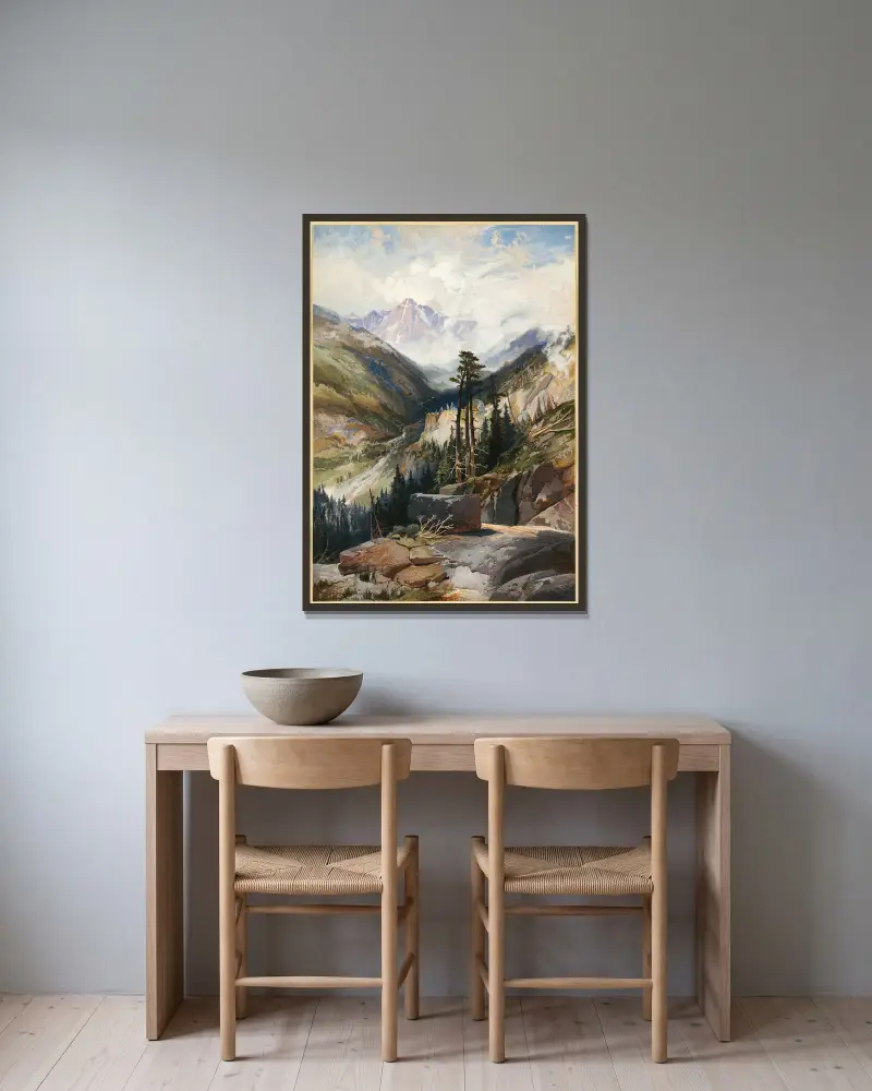 Det heliga korsets berg, Colorado av Thomas Moran inramad på en vägg