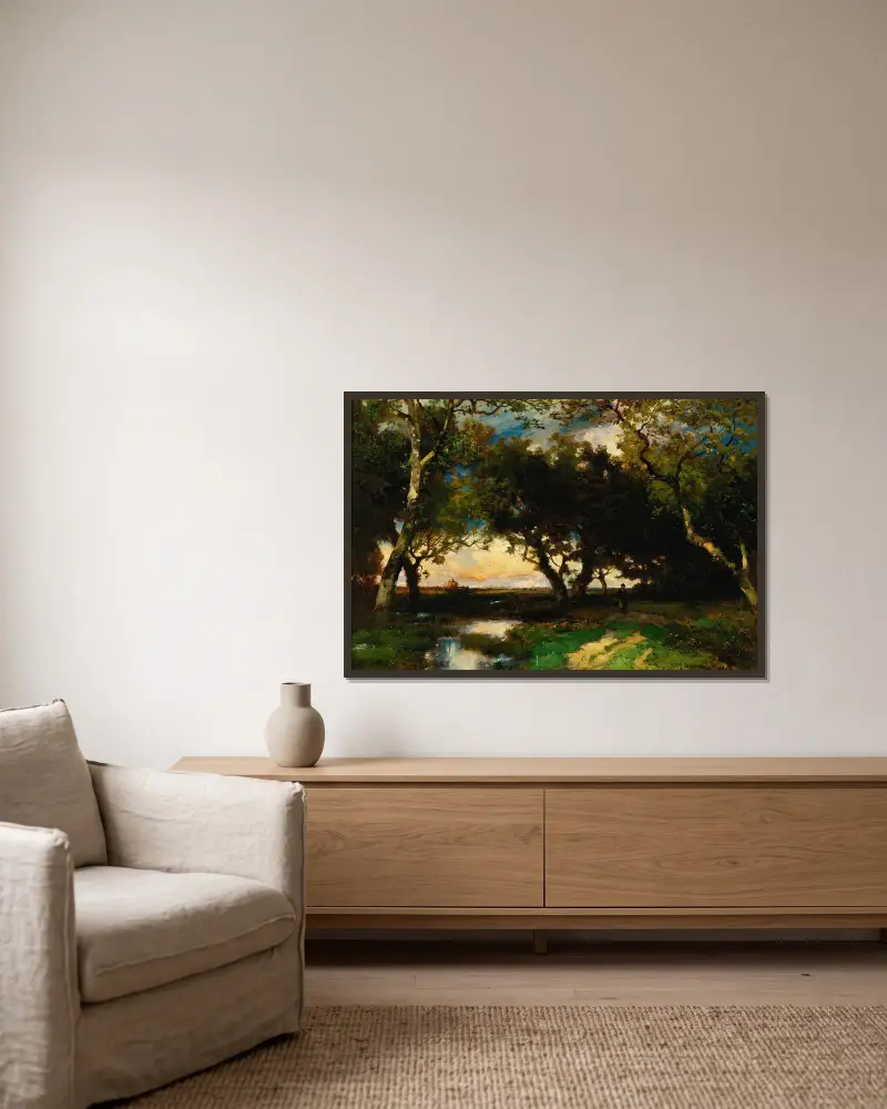 Pod stromy, Thomas Moran v rámu na stěně