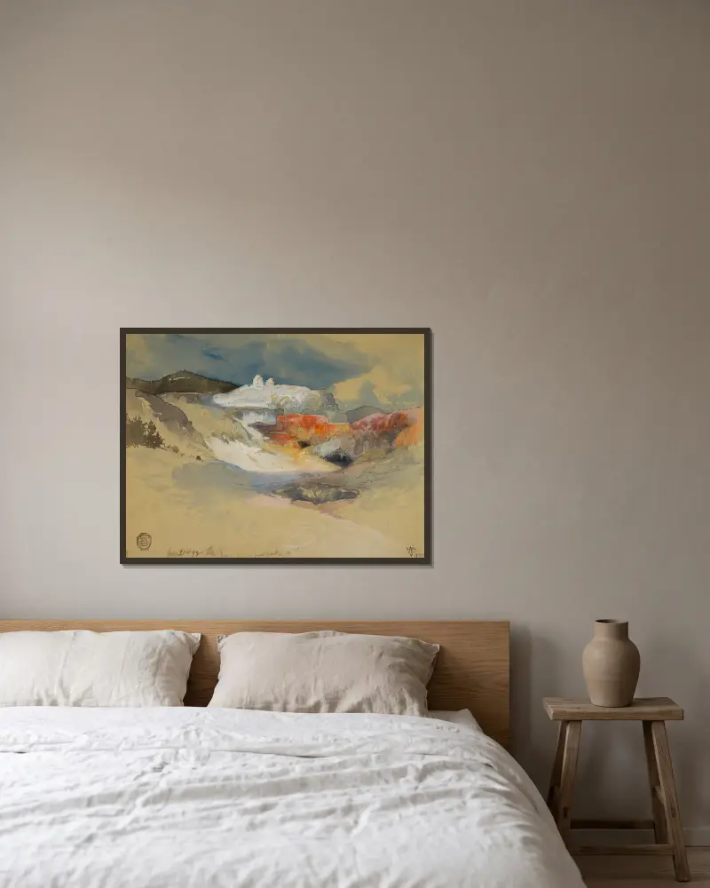 Yellowstone, horké prameny, Thomas Moran v rámu na stěně