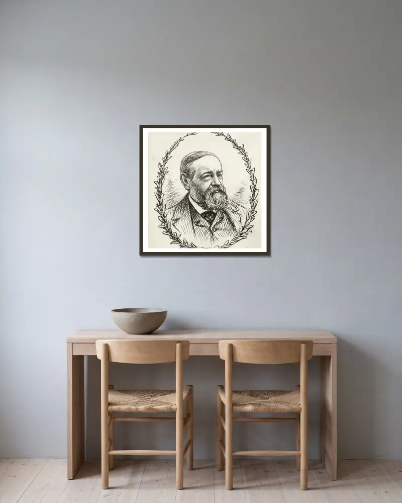 Benjamin Harrison von Thomas Nast gerahmt an einer Wand