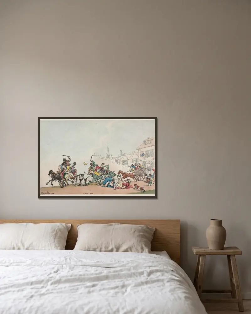 Ein Wagenrennen von Thomas Rowlandson gerahmt an einer Wand