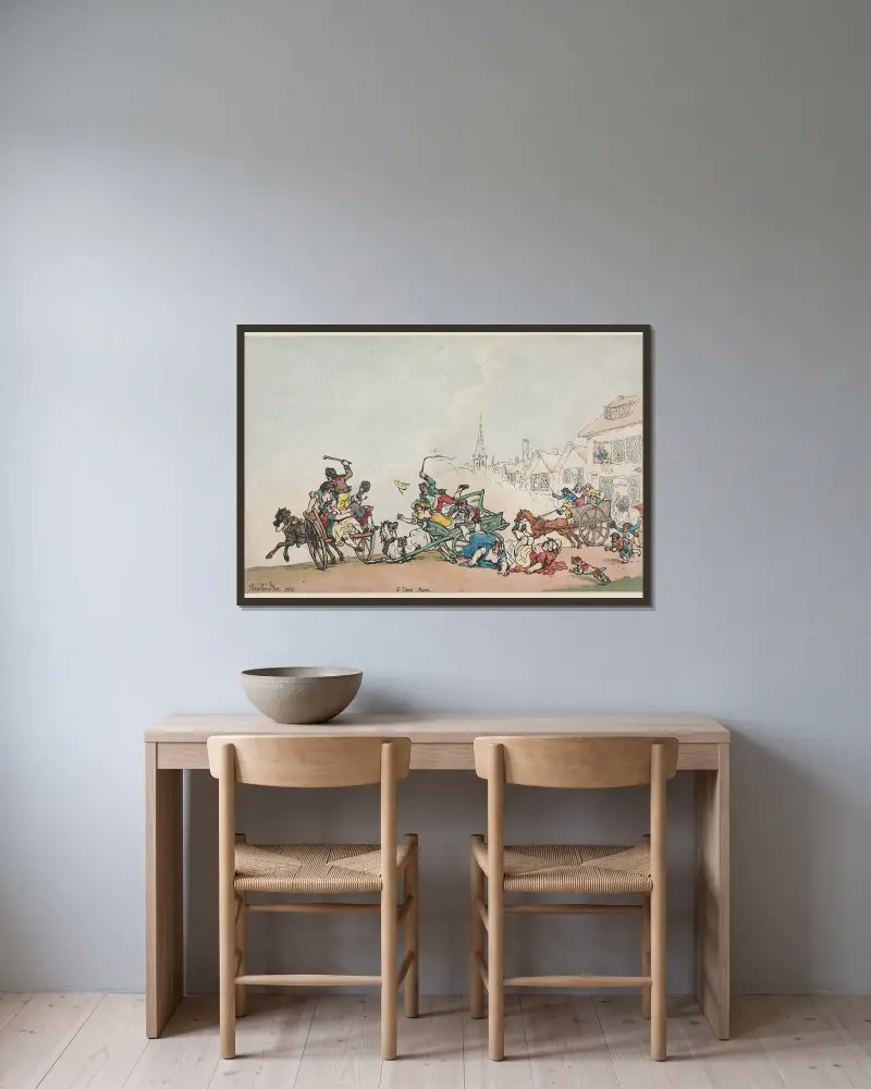 Ein Wagenrennen von Thomas Rowlandson gerahmt an einer Wand