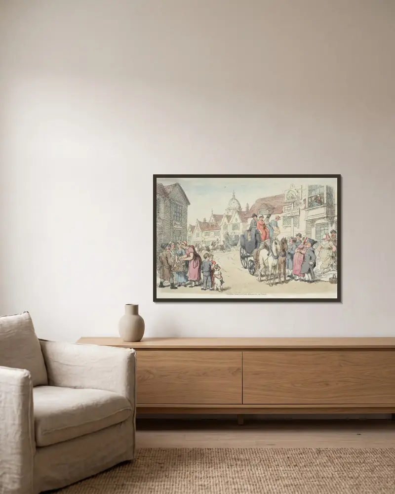Dolphins Inn; Greenwich and Woolwich Coaches von Thomas Rowlandson gerahmt an einer Wand