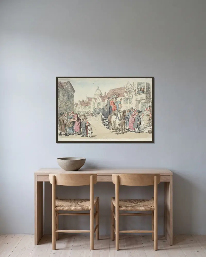 Dolphins Inn; Greenwich and Woolwich Coaches von Thomas Rowlandson gerahmt an einer Wand