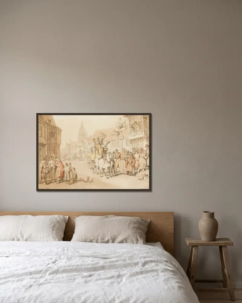 Die Ankunft einer Kutsche am Gasthaus The Dolphin Inn, Greenwich von Thomas Rowlandson gerahmt an einer Wand