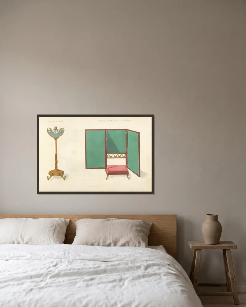 Dreibeiniger Kaminschutz mit zusammenklappbarem Fußhocker von Thomas Sheraton gerahmt an einer Wand