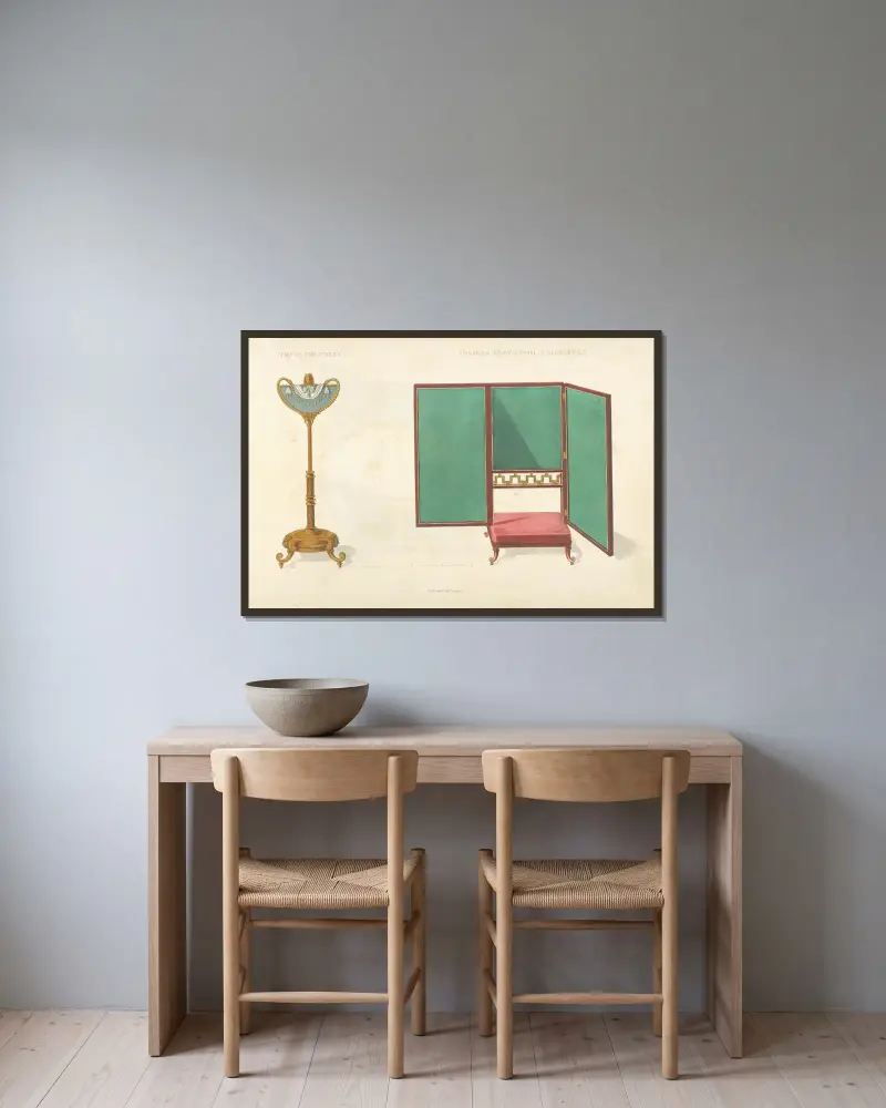 Dreibeiniger Kaminschutz mit zusammenklappbarem Fußhocker von Thomas Sheraton gerahmt an einer Wand