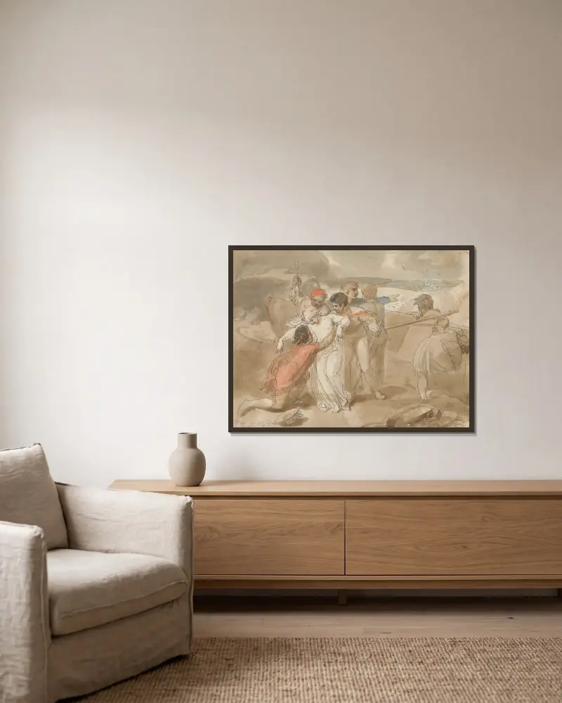 Eine aus dem Meer gerettete Frau, die an Land gebracht wird, mit Ruderboot und Rettern im Hintergrund von Thomas Stothard gerahmt an einer Wand