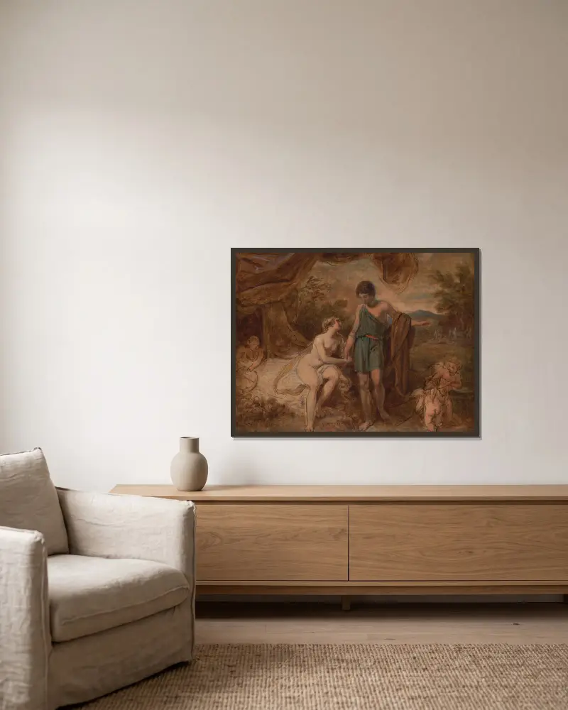En ofullbordad studie av Venus och Adonis av Thomas Stothard inramad på en vägg