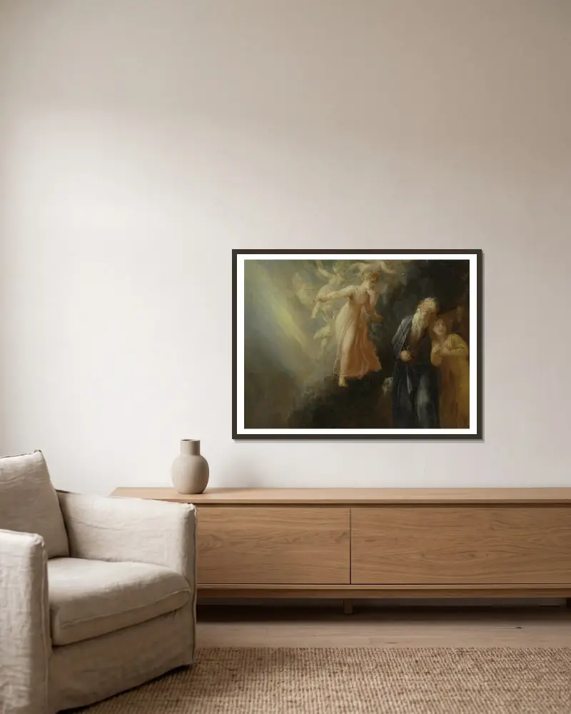 Prospero, Miranda och Ariel, ur 'Stormen', akt I, scen ii av Thomas Stothard inramad på en vägg
