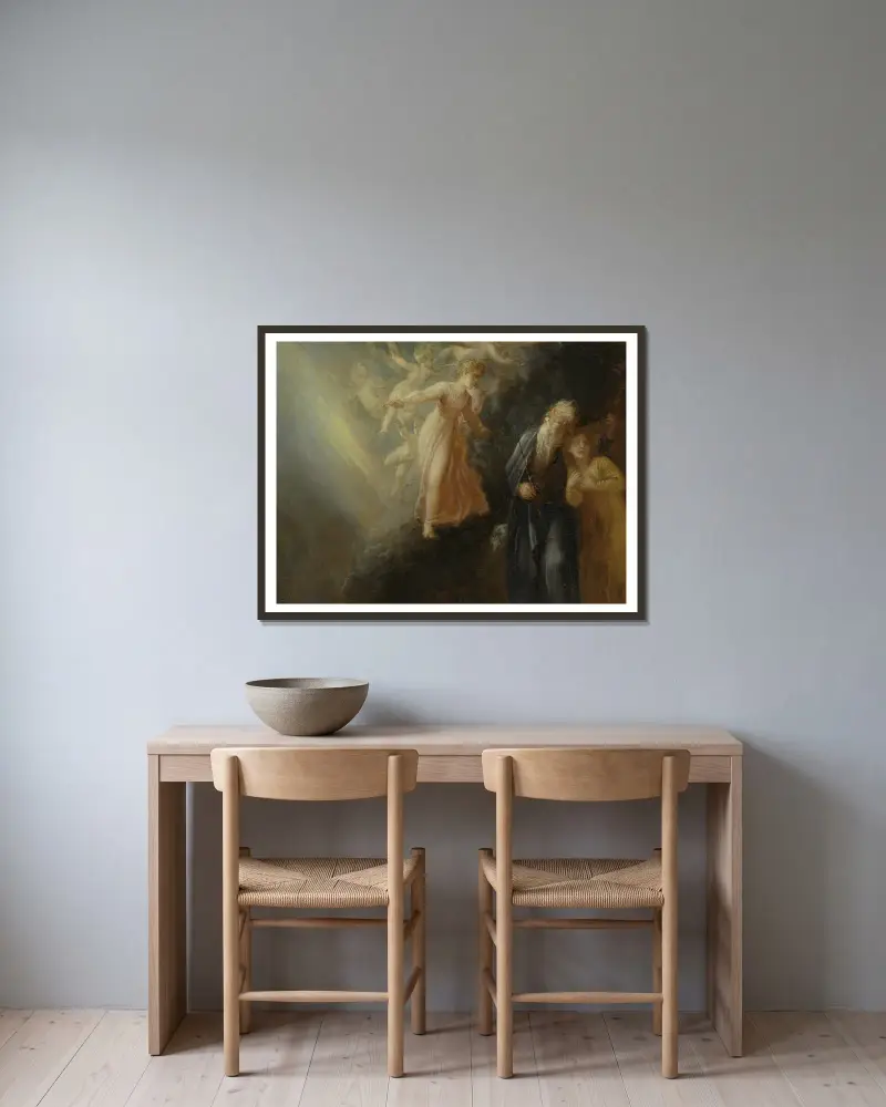Prospero, Miranda och Ariel, ur 'Stormen', akt I, scen ii av Thomas Stothard inramad på en vägg