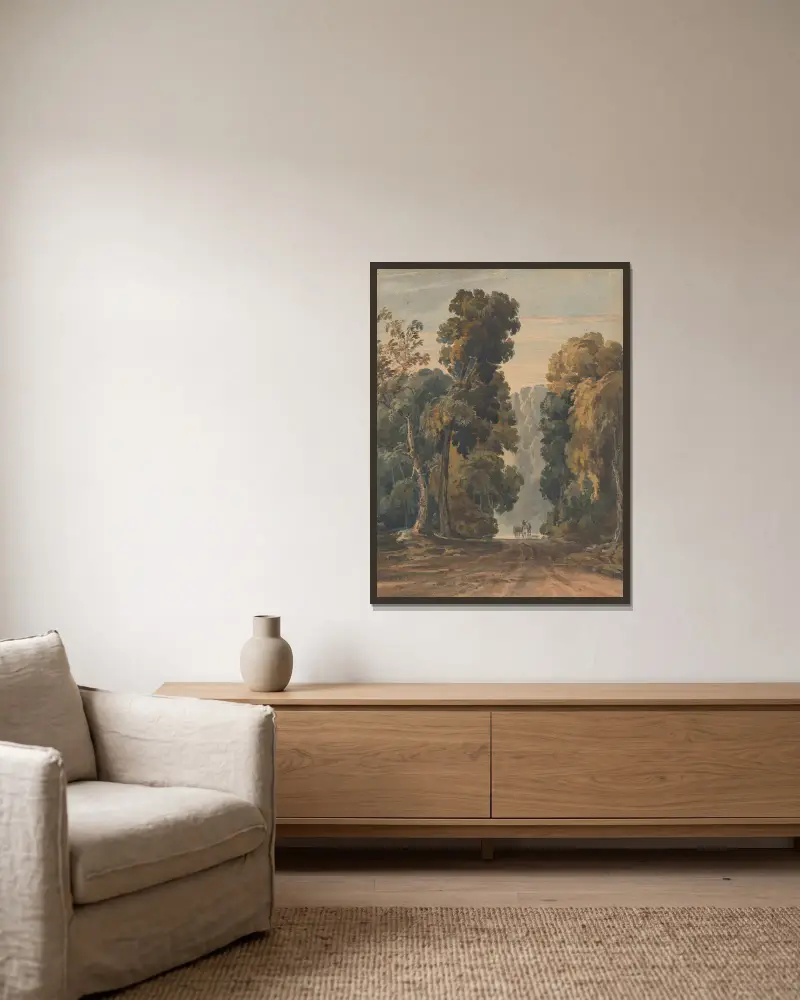 Häst, kärra och kusk på bred, trädkantad väg av Thomas Sully inramad på en vägg