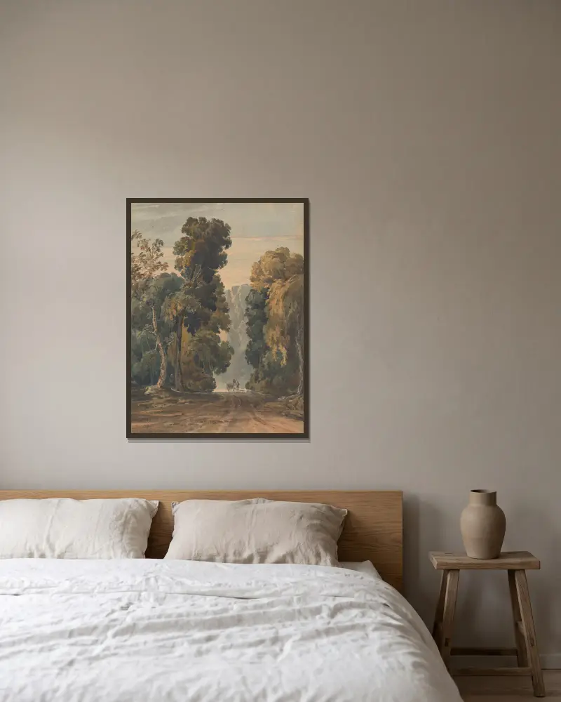 Häst, kärra och kusk på bred, trädkantad väg av Thomas Sully inramad på en vägg