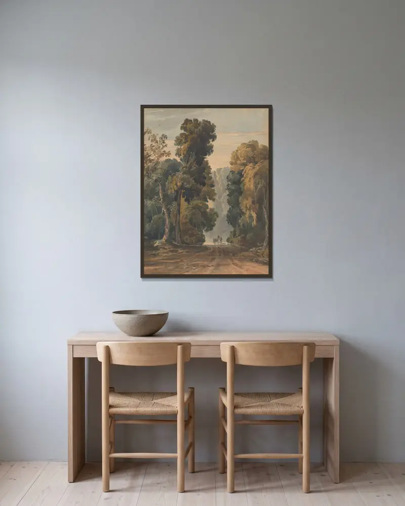 Häst, kärra och kusk på bred, trädkantad väg av Thomas Sully inramad på en vägg
