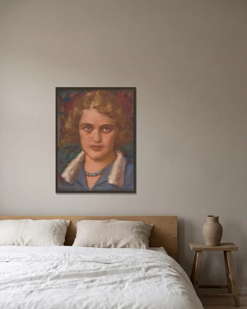 Porträtt av en flicka med pärlor av Milan Thomka Mitrovský inramad på en vägg