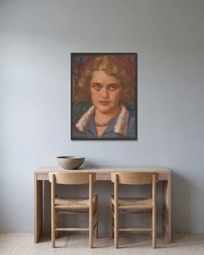 Porträtt av en flicka med pärlor av Milan Thomka Mitrovský inramad på en vägg
