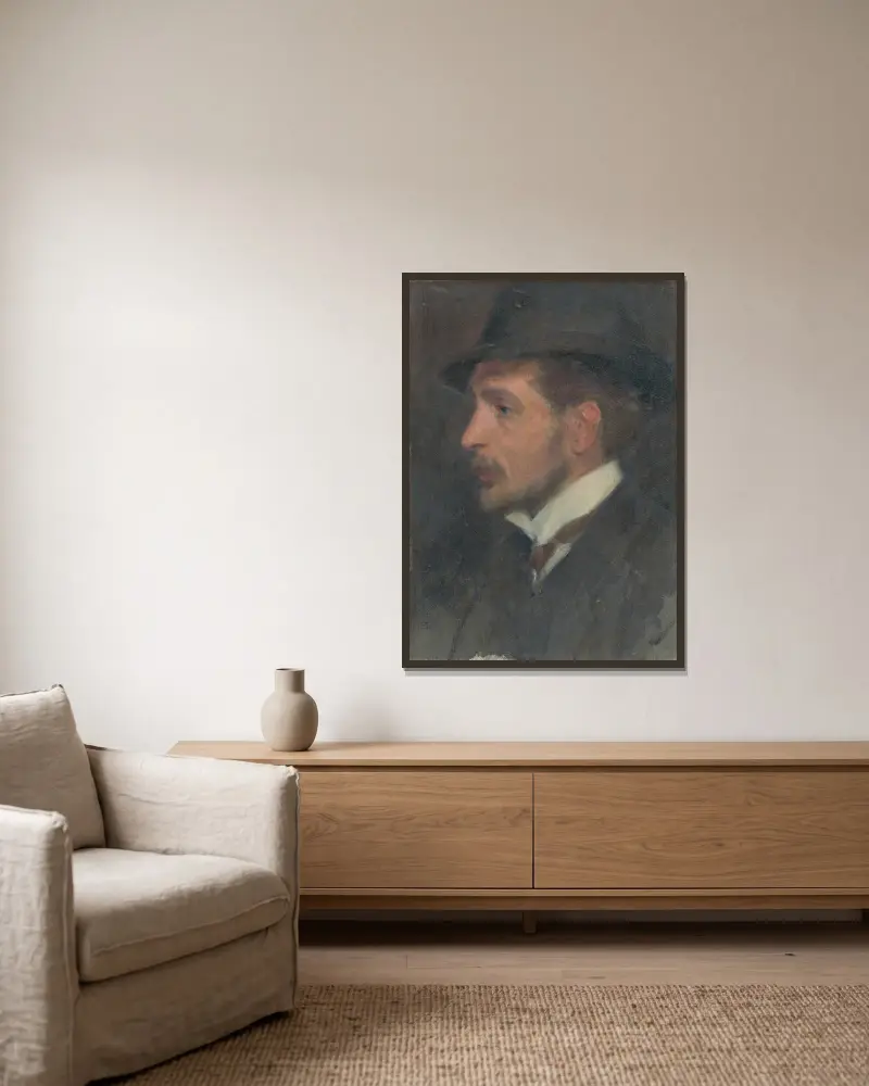Självporträtt i profil med hatt av Milan Thomka Mitrovský inramad på en vägg
