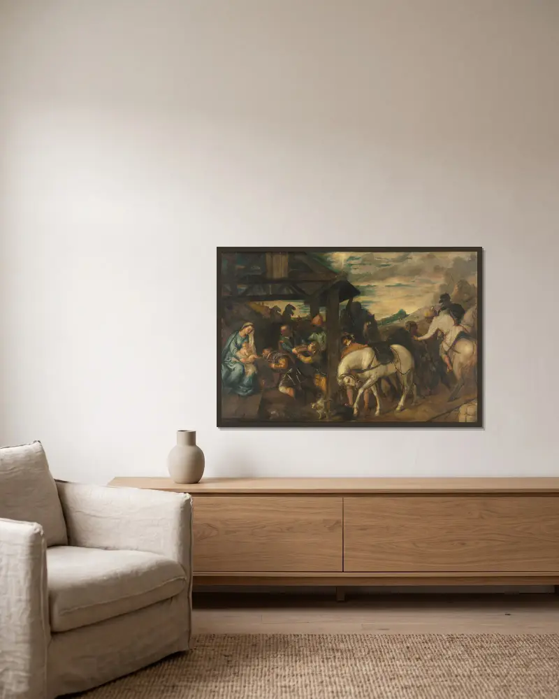 Adoration of the Magi av Titian inramad på en vägg