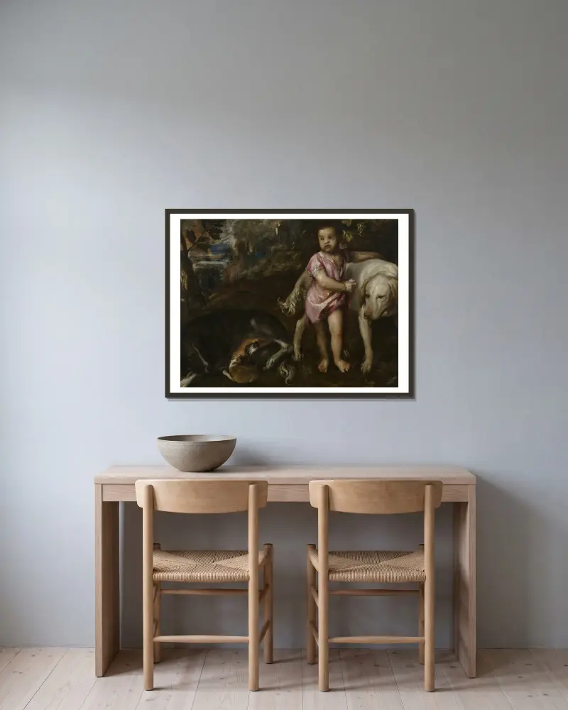 Pojke med hundar i landskap av Titian inramad på en vägg