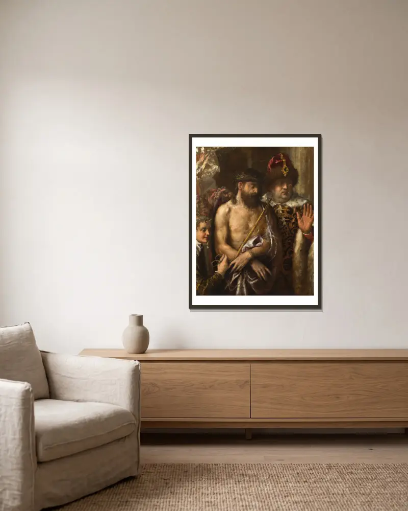 Se, människan (Ecce Homo) av Titian inramad på en vägg