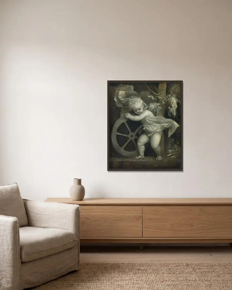 Amor med tidens hjul av Titian inramad på en vägg