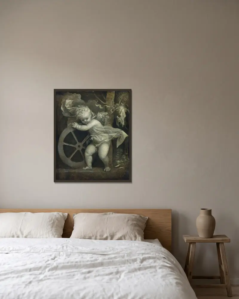 Amor med tidens hjul av Titian inramad på en vägg