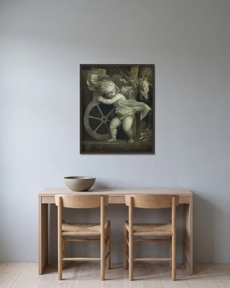 Amor med tidens hjul av Titian inramad på en vägg