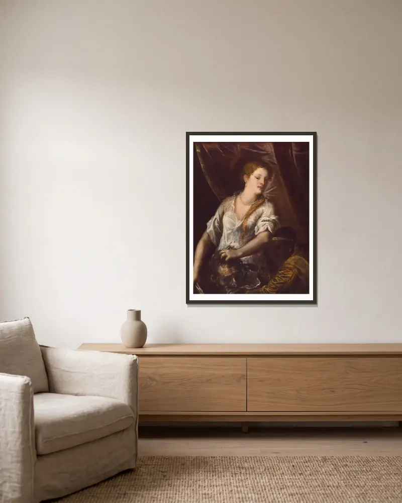 Judith und ihre Magd mit dem Haupt des Holofernes von Titian gerahmt an einer Wand