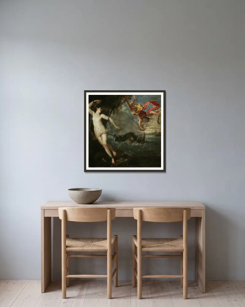 Perseus und Andromeda von Titian gerahmt an einer Wand
