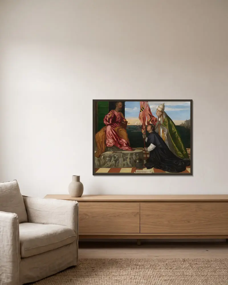 Pope Alexander VI Presenting Bishop Jacopo Pesaro to Saint Peter av Titian inramad på en vägg