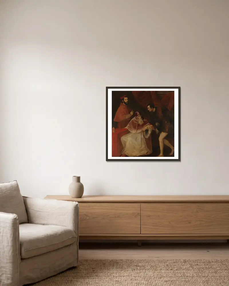 Påve Paul III och hans sonsöner av Titian inramad på en vägg