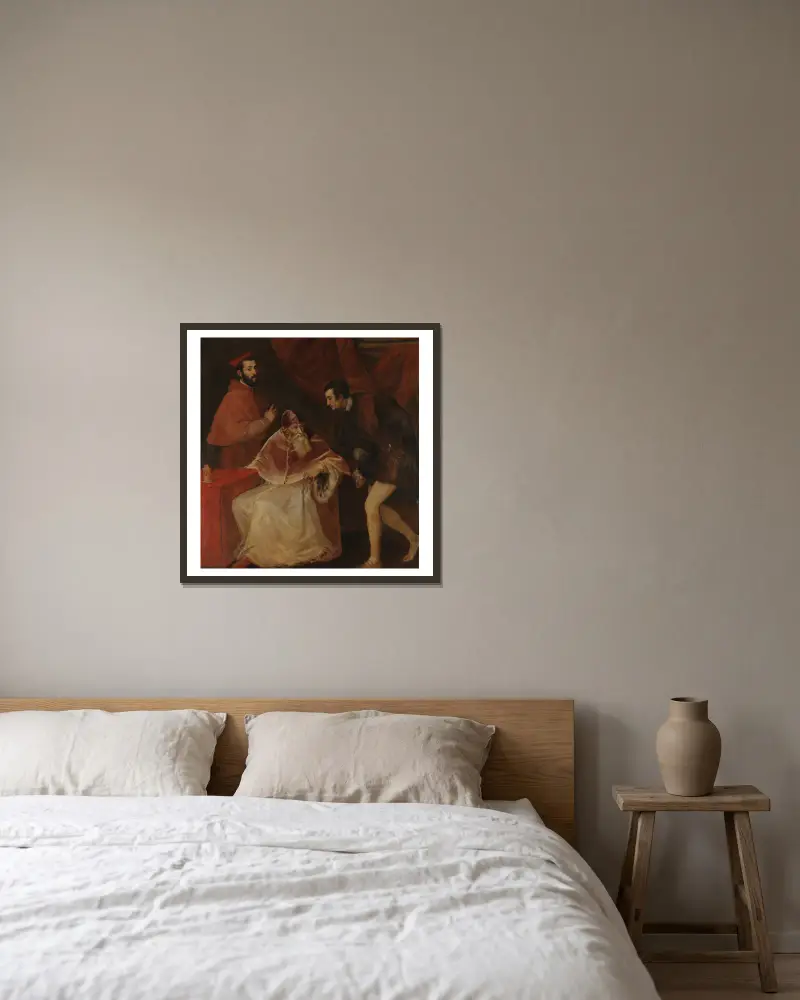 Påve Paul III och hans sonsöner av Titian inramad på en vägg