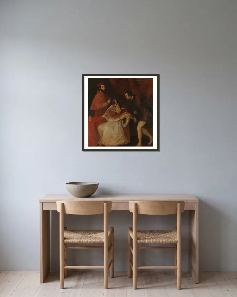 Påve Paul III och hans sonsöner av Titian inramad på en vägg