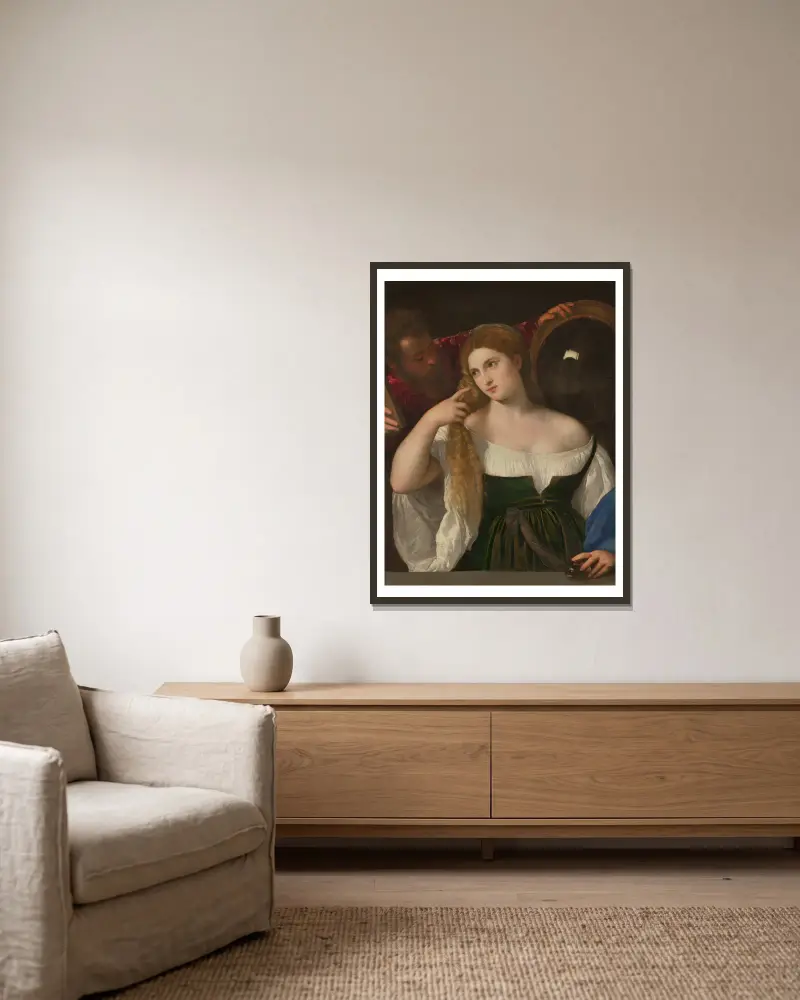 Porträtt av en kvinna vid sin toalett av Titian inramad på en vägg