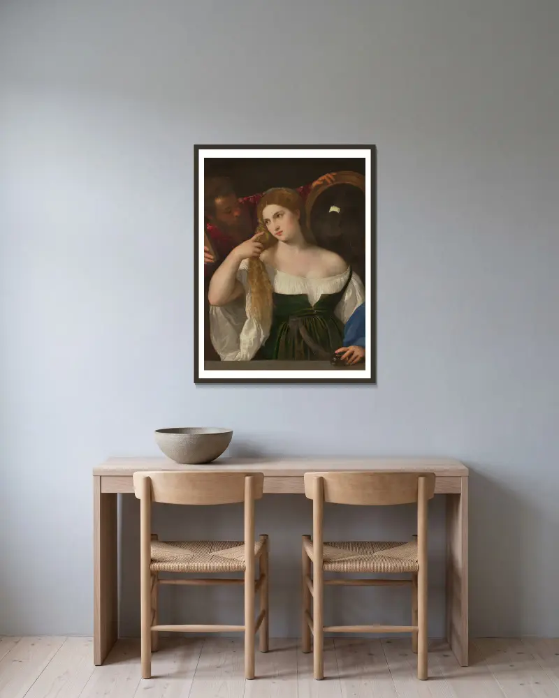 Porträtt av en kvinna vid sin toalett av Titian inramad på en vägg