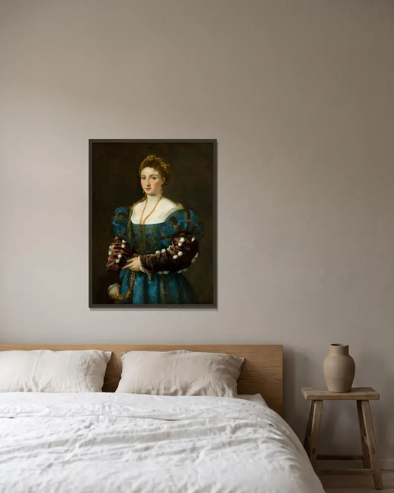 Bildnis einer Dame (La Bella), 1536 von Titian gerahmt an einer Wand