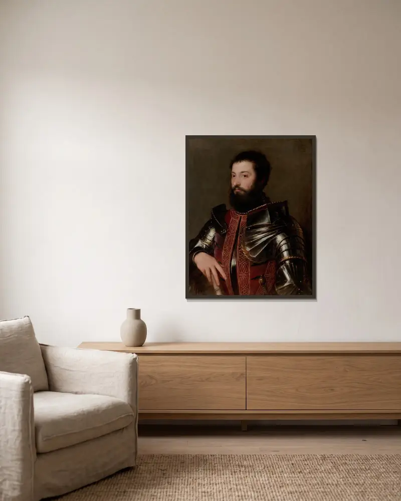 Porträtt av en man i rustning av Titian inramad på en vägg