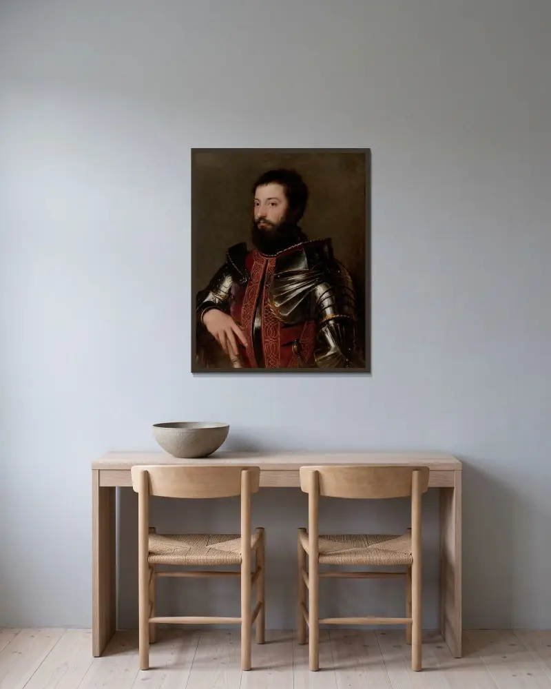 Porträtt av en man i rustning av Titian inramad på en vägg