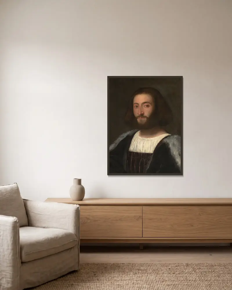 Portrait of a Man, 1508 av Titian inramad på en vägg