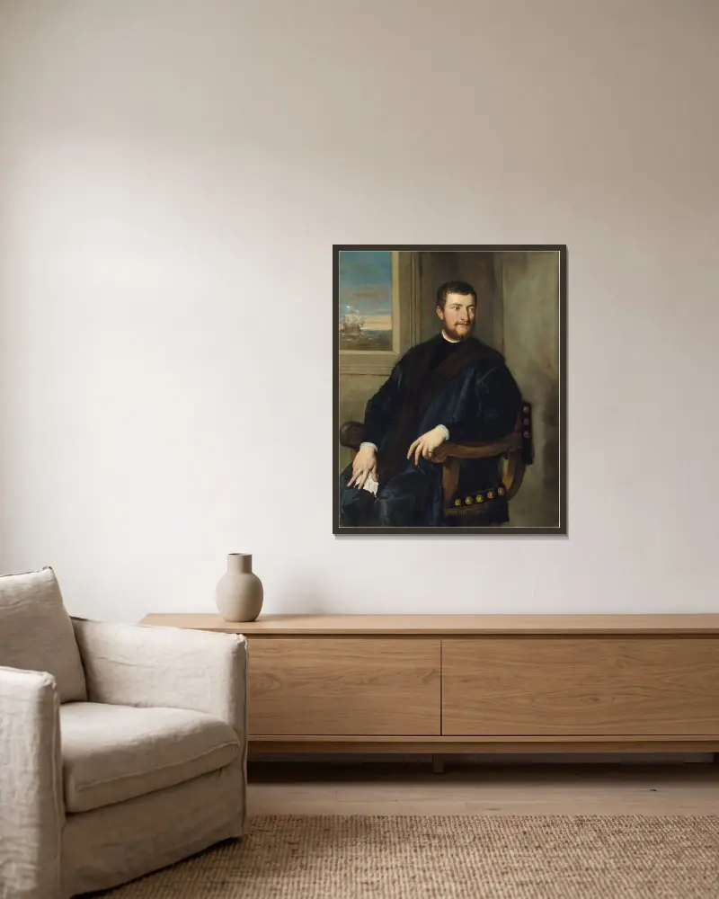 Porträtt av en adelsman, sittande framför ett fönster av Titian inramad på en vägg